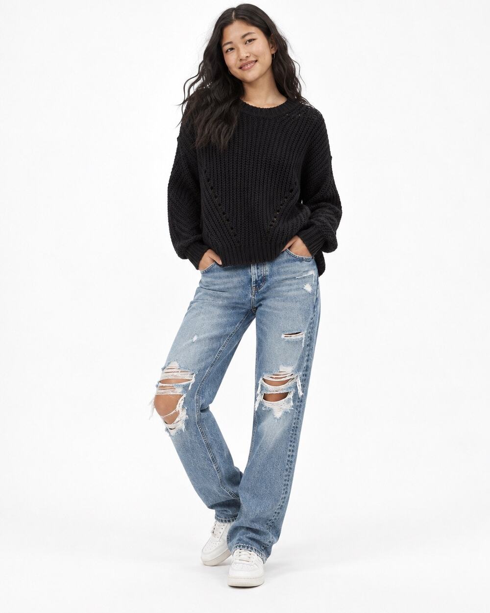 American Eagle Black Preppy Chunky Knit Acrylic/Nylon Blend Crewneck Sweater